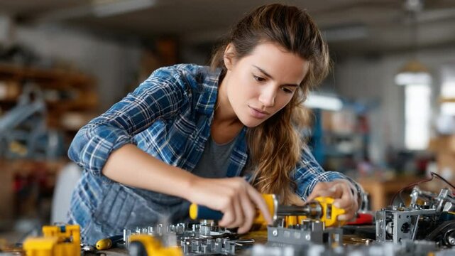 Precision Craftswoman: A focused craftswoman meticulously works on a detailed mechanical assembly, demonstrating her technical expertise. Her attentive engagement shows a mastery of tools.