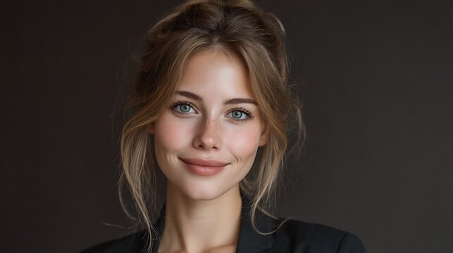 Portrait of fair woman smiles warmly at viewer