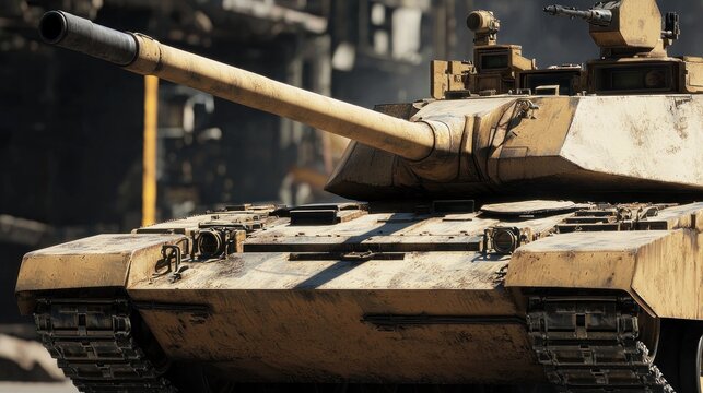 Heavy tank with a long barrel ready for action on a desolate battlefield