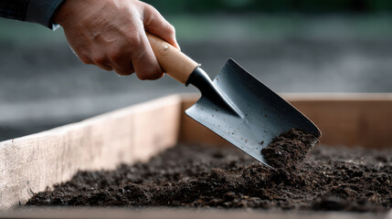 Person using small gardening trowel to scoop soil into wooden planter box outdoors