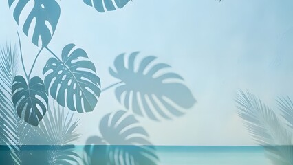 Fototapeta na wymiar Serene Tropical Seascape Silhouette of Palm Leaves and Ocean Horizon