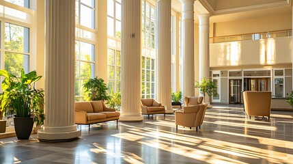Spacious lobby with large windows and columns, filled with natural light.
