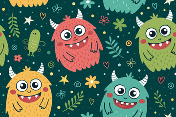 Create a whimsical background featuring playful cartoon monsters in various cute poses, using vibrant colors and doodle-style art.  Include playful patterns.