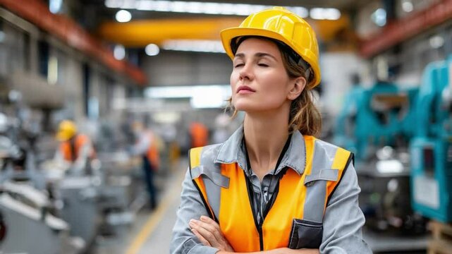Factory Worker's Contemplation: A determined factory worker with crossed arms wearing a safety vest and a yellow helmet, stands with closed eyes, radiating focus. Surrounding them are heavy machinery.