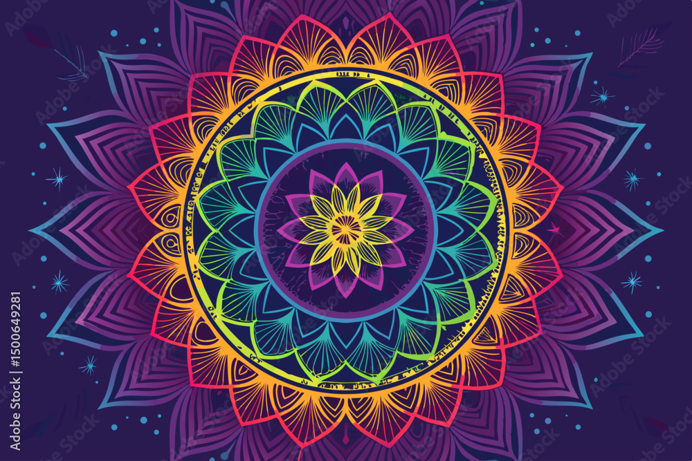 Poster generate a vibrant image featuring psychedelic geometric doodles interwoven with a rainbow-colored f