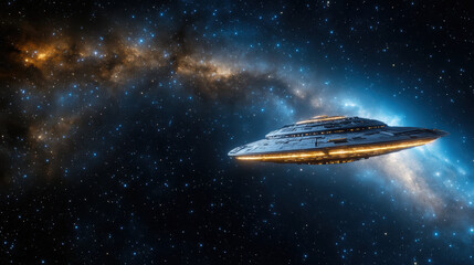 Obraz premium Futuristic spaceship glides through vibrant galaxy filled with stars and cosmic dust