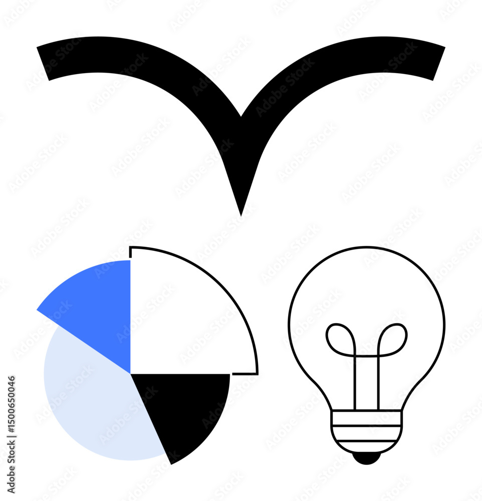 Poster abstract lightbulb for innovation, divided pie chart for data analysis, bold v-shape for simplicity.