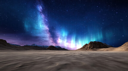 Majestic auroras dance over alien landscape, with mountains and starry sky