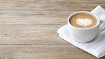 Fototapeta premium Aromatic coffee with heart shaped latte art on wooden table, inviting warmth and comfort