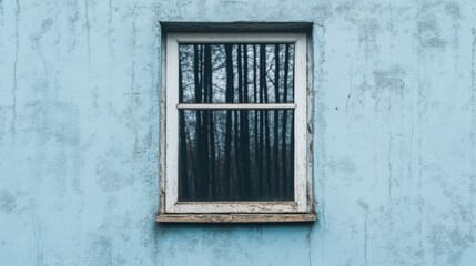 A small window on a blue wall reflects tall trees, creating a contrast between nature and urban structure.