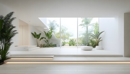 Fototapeta premium Minimalist interior design with tropical plants and natural light.