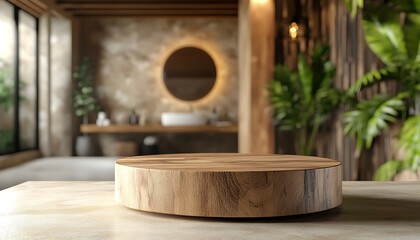 Wooden display podium in bathroom setting (1)