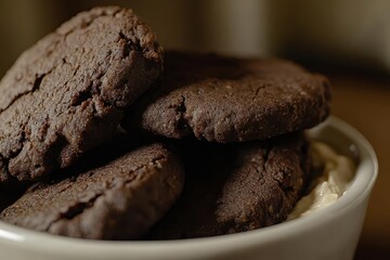 Fototapeta premium Delicious Chocolate Cookies Stacked in a Bowl on Wooden Table