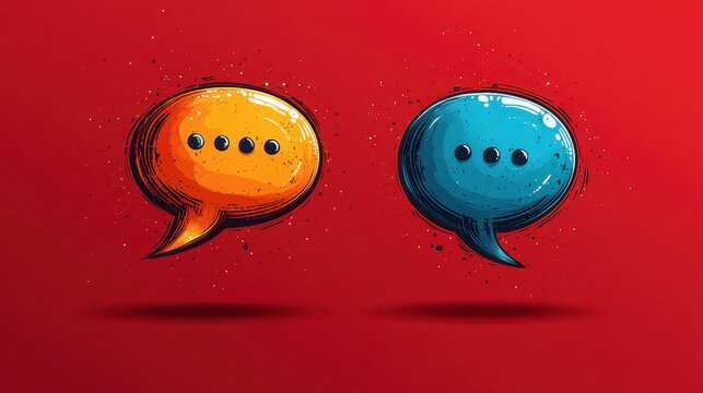 Chat bubbles sit on red background, orange and blue, dots represent thoughts and conversation