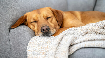 Cozy dog sleeping on soft sofa with warm blanket, radiating tranquility and comfort
