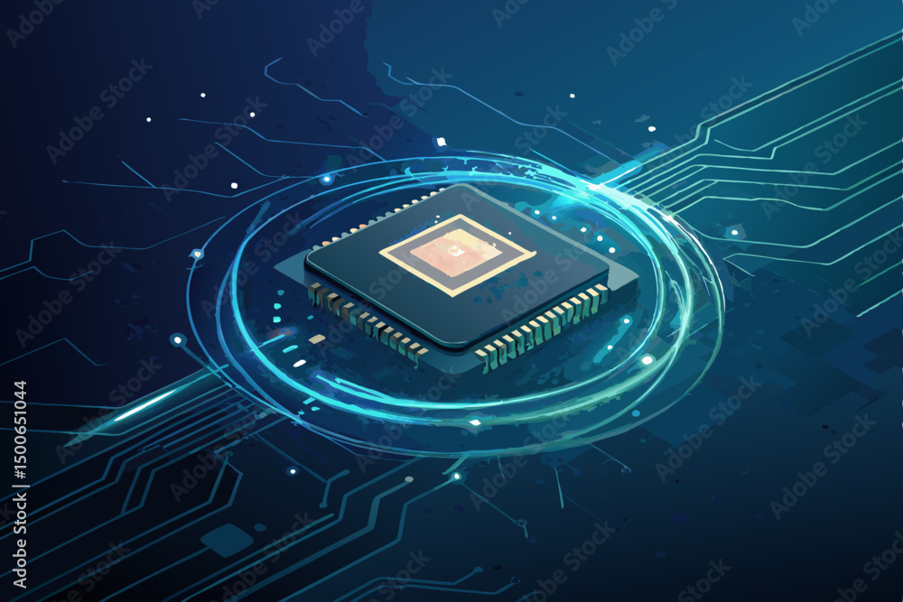 Poster generate a hyperrealistic image of a futuristic ai chip, glowing intensely, encircled by vibrant dat