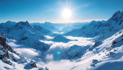 Fototapeta premium Snowy Mountain Range Above the Clouds on a Bright Day