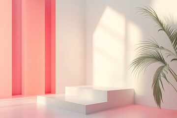 Minimalist display podium with soft pink accents, bathed in sunlight, featuring a palm leaf