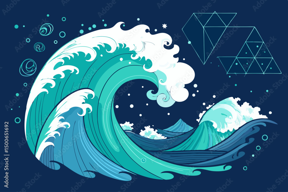 Poster create a vector design of turquoise ocean water depicting a stylized tsunami wave, emphasizing vibra
