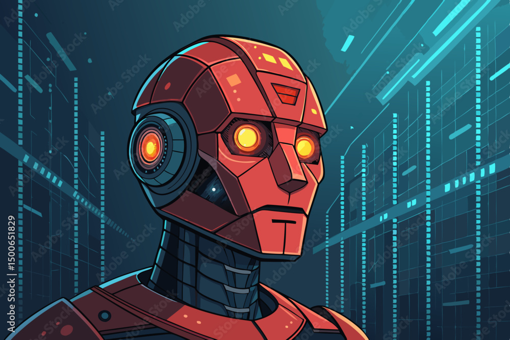 Poster create a vector illustration of a robot head featuring glowing eyes, bold polygonal style, and a fut