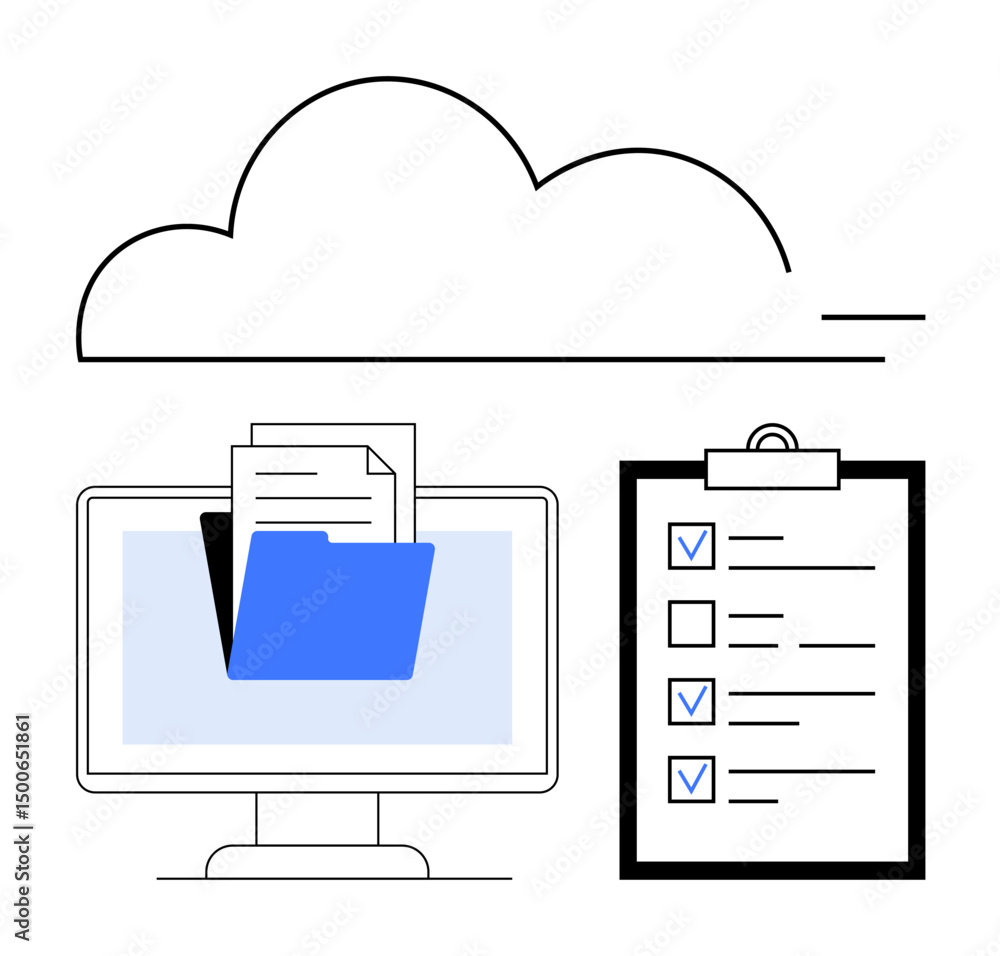 Poster desktop monitor with folder and files, checklist with marked tasks, and cloud icon. ideal for digita