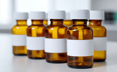 Row of amber glass medicine bottles with blank white labels and white caps on a reflective surface.
