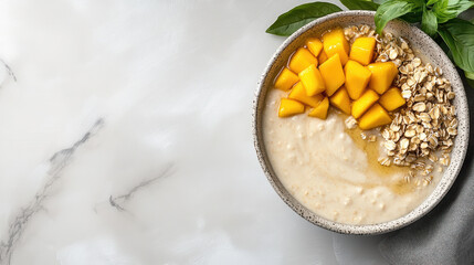 Creamy oats bowl topped with fresh mango chunks and drizzled with honey, perfect for breakfast