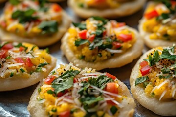 Delicious Colorful Mini Flatbreads Topped with Fresh Vegetables