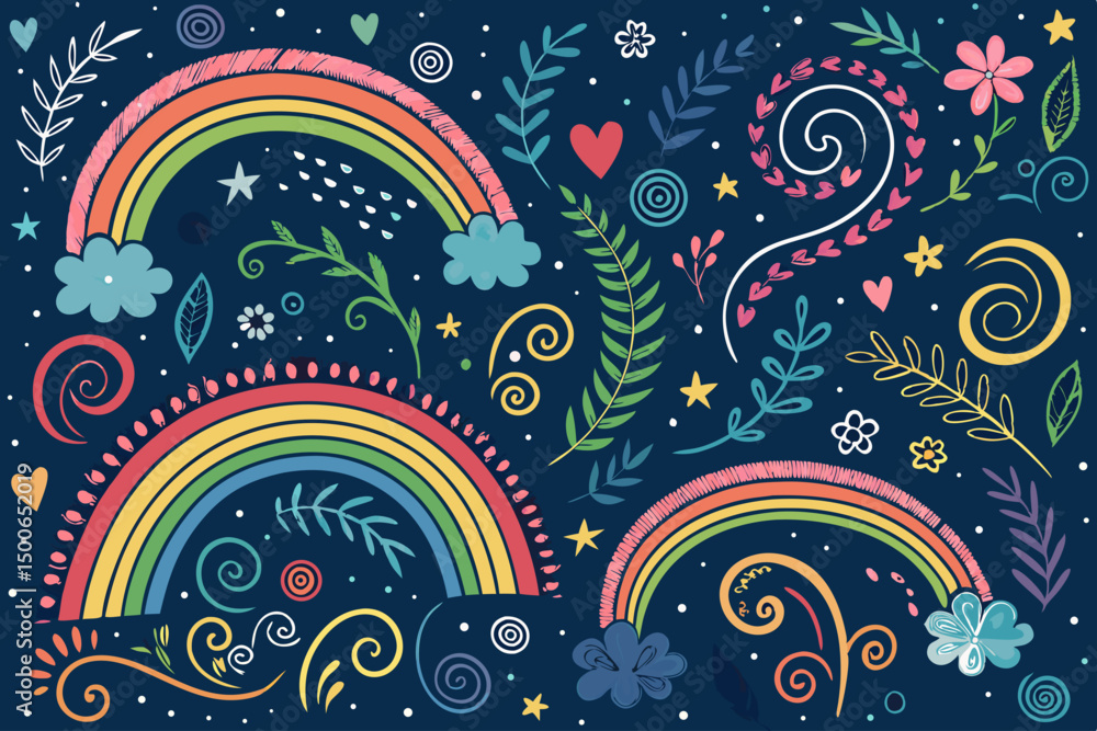Poster create a vibrant vector background featuring a playful rainbow doodle pattern and a friendly hand dr