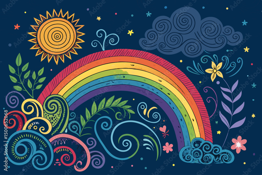 Poster create a vibrant vector background featuring a hand playfully interacting with a rainbow doodle patt
