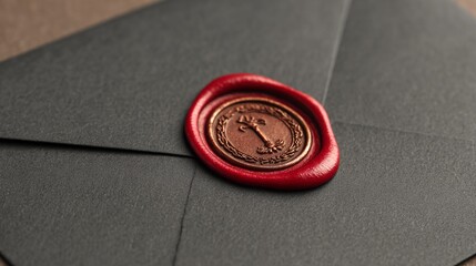 Close-up of red wax seal on dark gray envelope, showcasing ornate bronze emblem, symbolizing authenticity, secrecy, or tradition