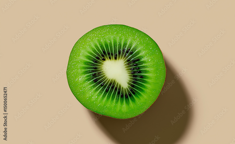 Poster top-down view of a vibrant green kiwi fruit slice on a plain background with a shadow.