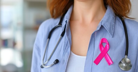 Female doctor with a pink ribbon for breast cancer awareness.