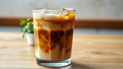 Cold Brew Milk Coffee in Tall Glass with Visible Espresso and Milk Layers � Ideal Stock Image for Cafe Marketing, Menus, and Food and Drink Promotions