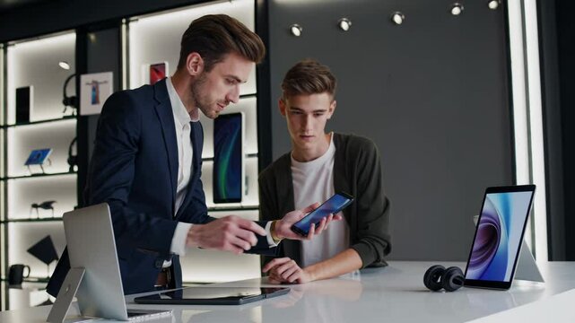 Electronics salesman showing smartphone features to customer