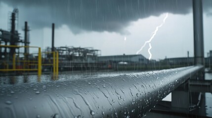 Dark Thunderstorm Rolling Over Industrial Area with Lightning Strikes and Rainfall