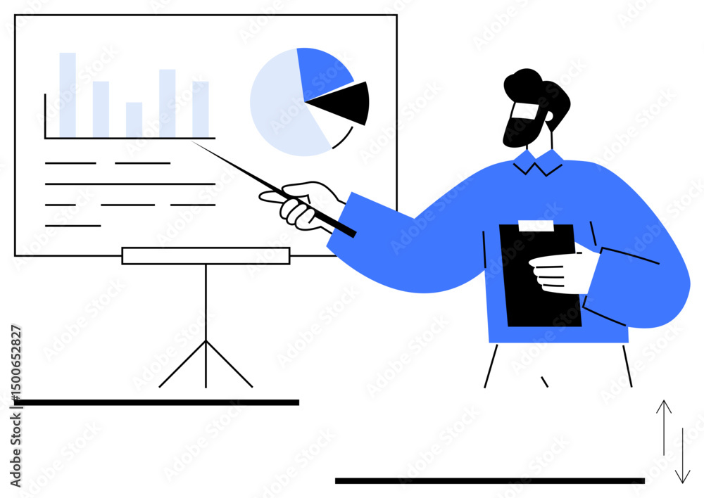 Poster person explaining data visuals on a board using a pointer and holding notes. ideal for corporate tra