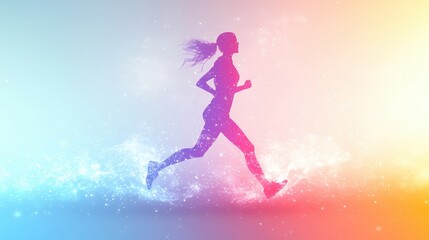 Fototapeta premium Silhouette of a female runner in motion gradient background and glowing particles symbolizing energy and speed for fitness and well being
