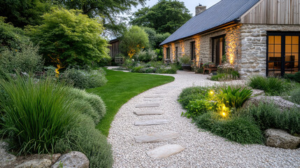 Fototapeta premium Serene garden path leads to charming stone house, surrounded by lush greenery and soft lighting