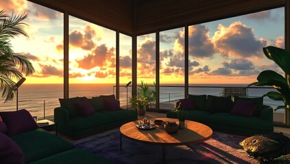 Fototapeta premium Ocean Sunset View from Luxury Living Room