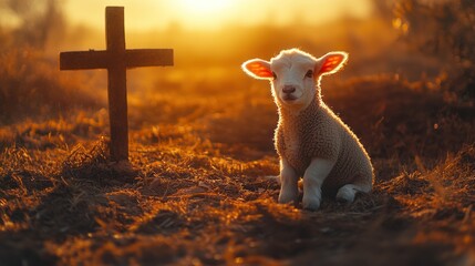 Lamb sitting beneath golden cross symbolizing salvation and divine care