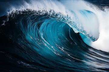 A magnificent and colossal deep blue ocean wave curls with immense silent power, crashing into the dark sea with spectacular force