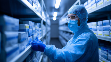 Scientist in a cleanroom suit and face mask organizing boxes on shelves in a sterile laboratory or pharmaceutical storage.