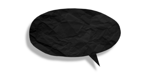 Black speech bubble crumpled paper isolated on transparent background
