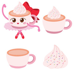 Ballerina Cappuccina set include cup of coffee and cream sprinkle illustration