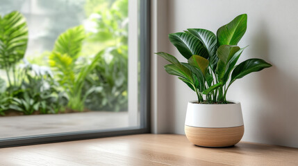 Lush green plant in modern pot on wooden surface, enhancing serene atmosphere