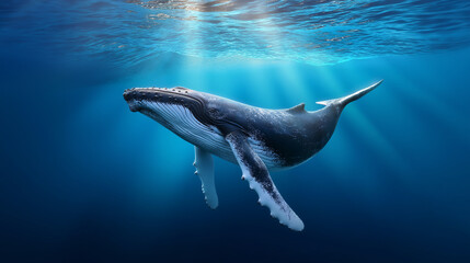Humpback whale swimming gracefully in deep blue ocean waters with sunrays penetrating the surface.
