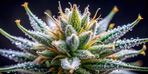 Fototapeta premium Close-up macro photography of trichomes on a cannabis bud, highlighting their texture and shine, details, trichomes