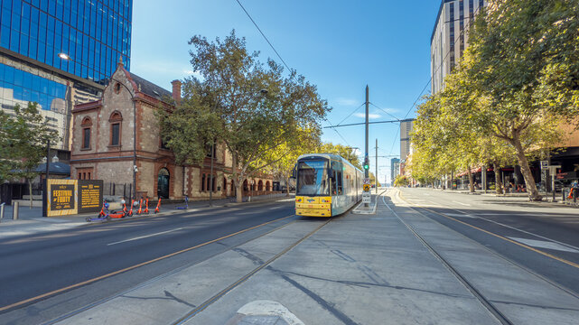 Adelaide, South Australia, Australia, April 13th 2025: A tram is travelling along North Terrace in the city centre of Adelaide