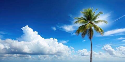 Fototapeta premium Palm tree standing alone in a vast blue sky with white fluffy clouds floating gently overhead, palm tree